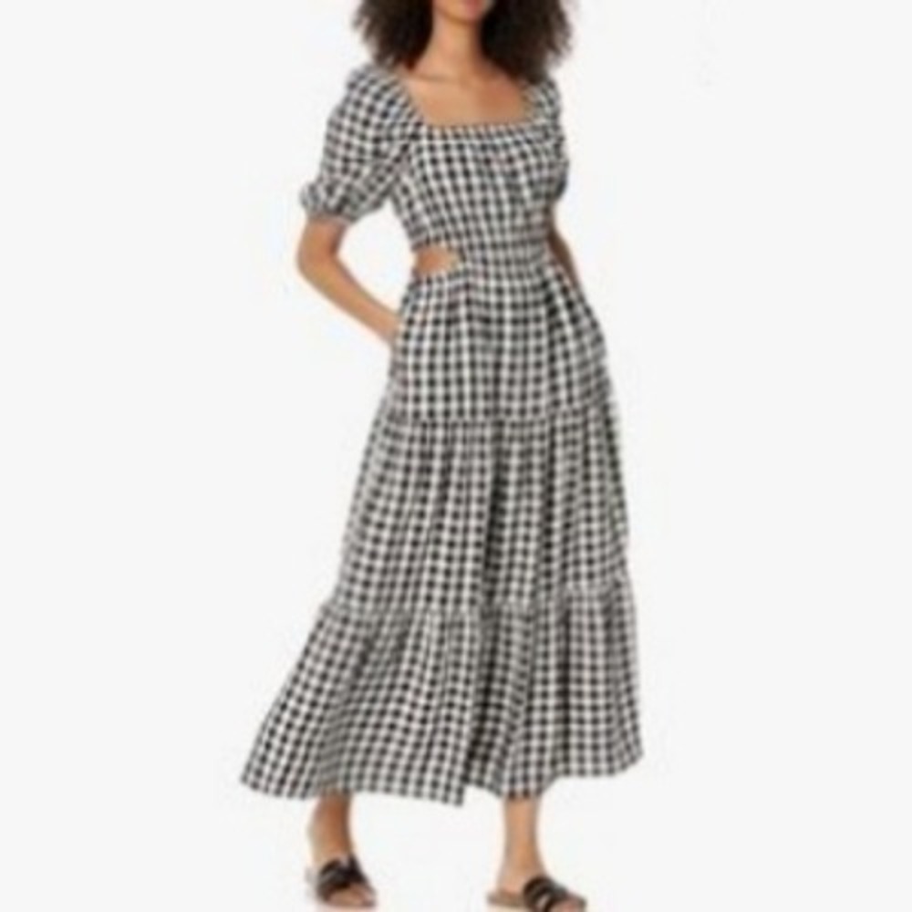 The Drop Black Gingham Cut Out Dress Maxi Puff Sleeve Square Neck Size M